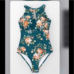 NWT Cupshe Teal Floral Scalloped One Piece